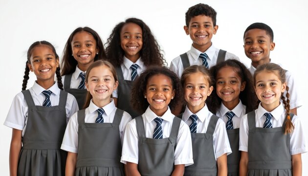Group of schoolchildren in uniform smiling at camera. Diverse multi-ethnic students black, white, asian, mixed race. Happy kids, togetherness, teamwork, school portrait. Future generation,