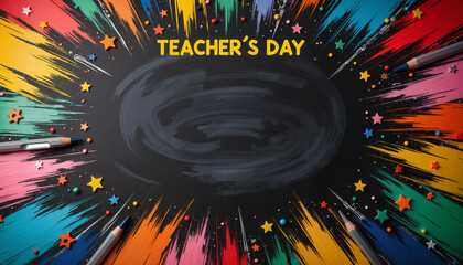 Colorful Teacher's Day Celebration Background with Blank Chalkboard  
