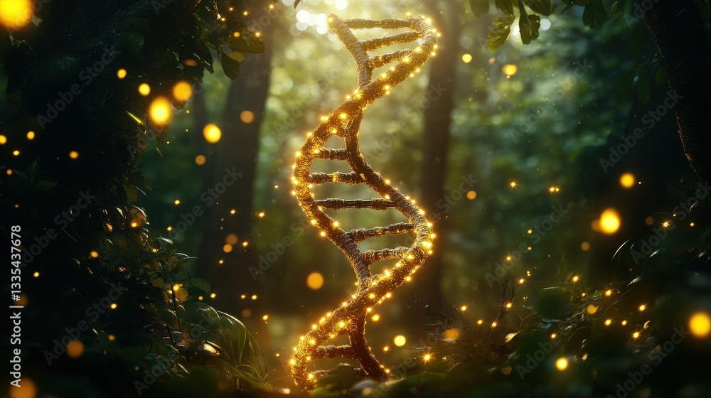 Aufkleber a glowing dna structure surrounded by a mystical forest with soft lights, creating an enchanting and