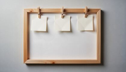 Empty wooden frame with blank notes on a gray wall  