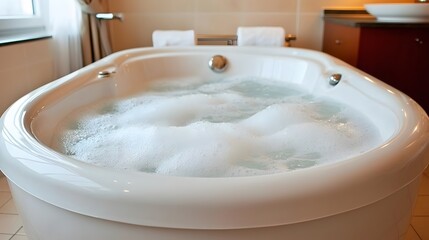 Elegant Bathtub with Bubbles in a Modern Spa-Like Bathroom Focused on Relaxation and Comfort