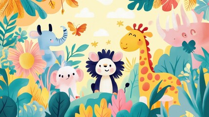 Fototapeta premium An illustration of several friendly cartoon animal characters together