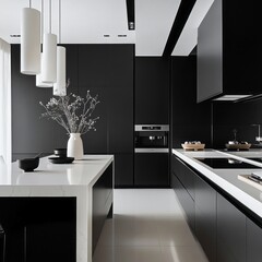 Modern minimalist black and white kitchen design with island countertop