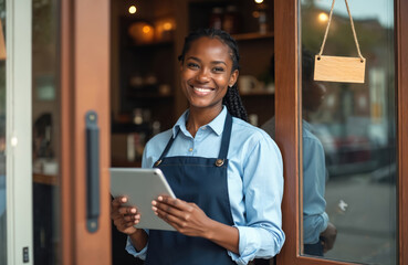 Successful African woman in apron stands at coffee shop door. Small happy business owner holds tablet. SME entrepreneur seller smiles, works, stands with copy space. Modern marketing online ordering.