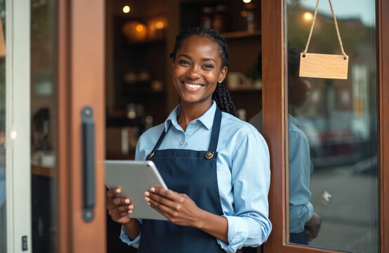 Successful African woman in apron stands at coffee shop door. Small happy business owner holds tablet. SME entrepreneur seller smiles, works, stands with copy space. Modern marketing online ordering. - Powered by Adobe