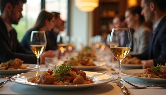 Team members discuss business strategies over dinner in upscale restaurant. Colleagues enjoy formal meeting in relaxed atmosphere. Close-up on served food, drink wine. Corporate culture at business