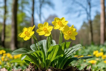 Fototapeta premium A cluster of vibrant yellow flowers blooms amidst green leaves in a sunny forest setting, surrounded by trees and other flowers.
