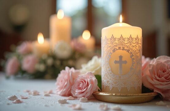 Close-up of candle with cross, roses. Catholic baptism theme. Sacred Christian traditions. Communion, confirmation decor. Elegant religious observance. Faith, spirituality backdrop. Family event,