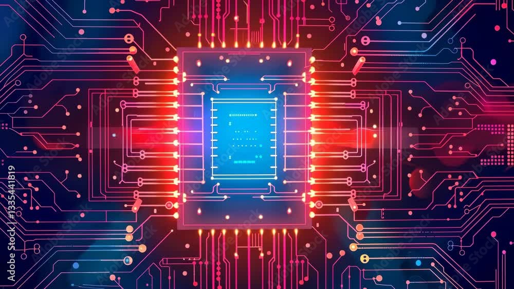 Poster vibrant digital illustration of glowing microchip surrounded by intricate circuit patterns, symboliz