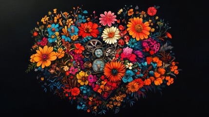 A colorful heart shape composed of numerous flower blossoms and gears