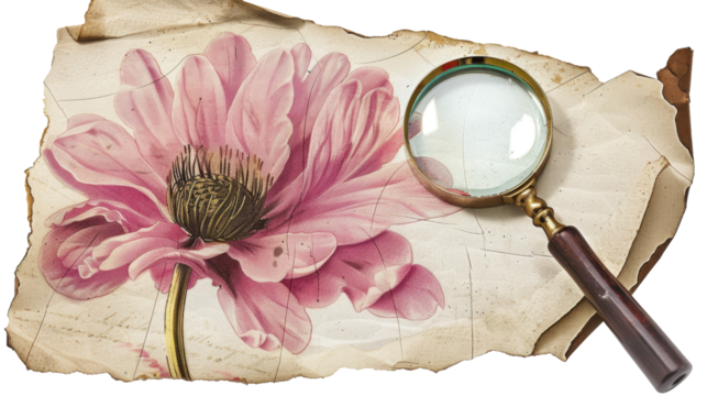 Magnifying glass exploring pink flower on antique paper with transparent background
