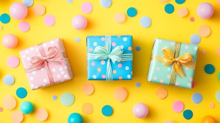 Three pastel gift boxes with confetti on yellow background.