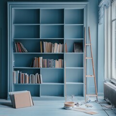 A pastel blue home interior featuring an unfinished bookshelf installation in progress