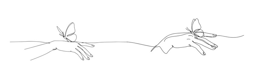 delicate female hand with butterfly vector monoline one line line art