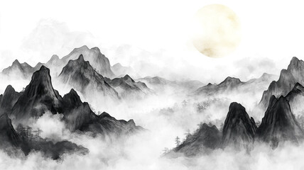 black color watercolor illustration of misty mountains landscape isolated on white or transparent background