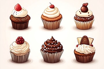 Six Delicious Cupcakes on White Background