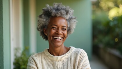 Joyful black senior woman laughs. Portrait of happy grandmother, pensioner. Authentic, real elderly people concept. Positive emotions, confident personality. Beautiful face with aged skin, gray hair.