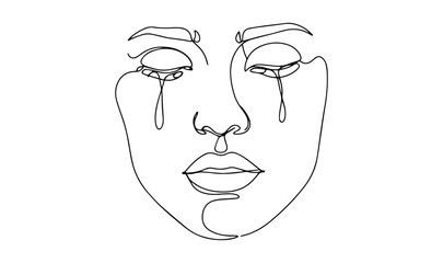 crying woman face vector line art monoline one line illustration outline drawing