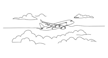 airplane flying through clouds vector line art monoline one line illustration outline drawing