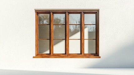 Classic wooden window on a white wall, sunny exterior view