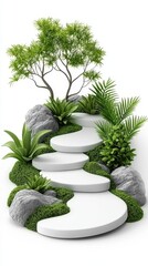 White Stone Steps Winding Through Lush Green Tropical Plants