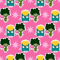Cartoon food seamless french fries and broccoli pattern for wrapping paper and fabrics and linens and kids clothes
