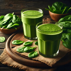 Two glasses filled with green smoothies, surrounded by fresh spinach leaves on a wooden table, in a rustic setting. Generative AI.
