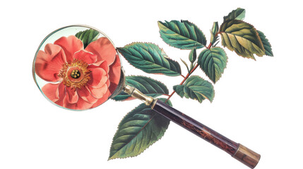 Magnifying glass showing blooming pink rose and green leaves on transparent background