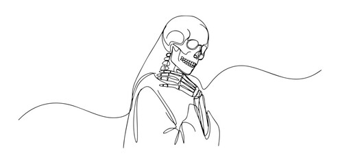 hooded skeleton character with robe drawn in detailed continuous black line vector art