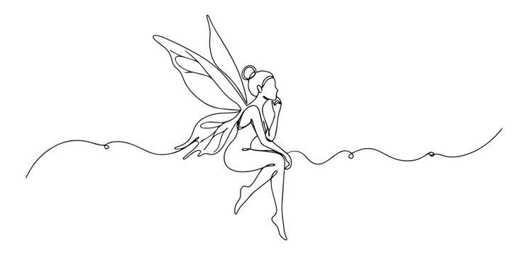 sitting fairy with wings resting on a flowing decorative line in elegant black vector style