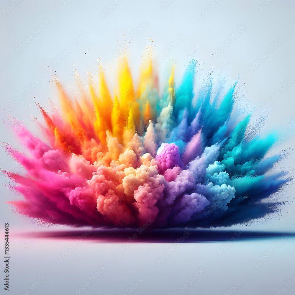 Poster a vibrant explosion of colorful powder against a light background, creating a dynamic and visually c