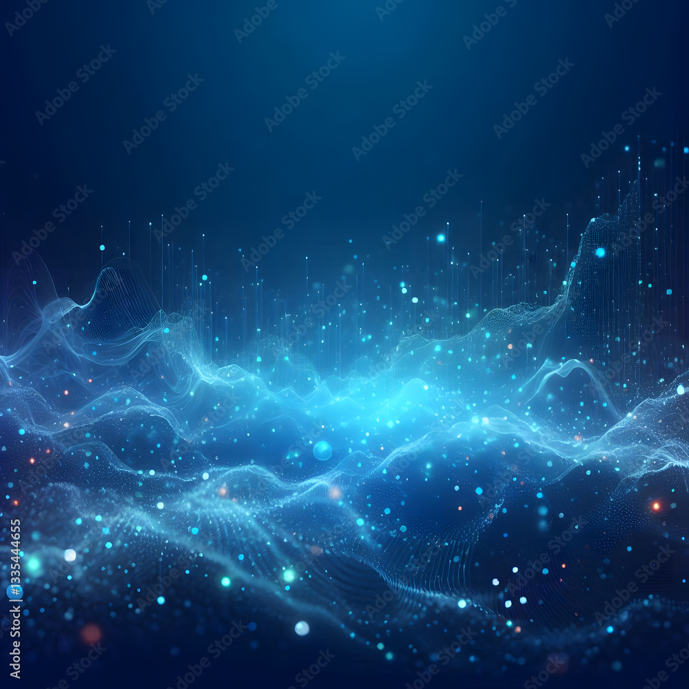 Poster A mesmerizing digital landscape of flowing lines and glowing particles, resembling a futuristic data visualization or abstract waveforms. Generative AI