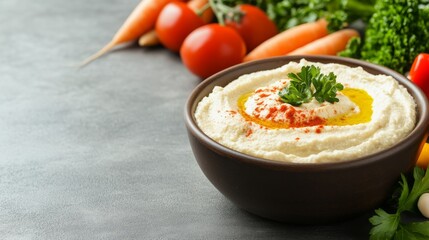 Rustic Bowl of Creamy Hummus Garnished with Fresh Herbs and Olive Oil