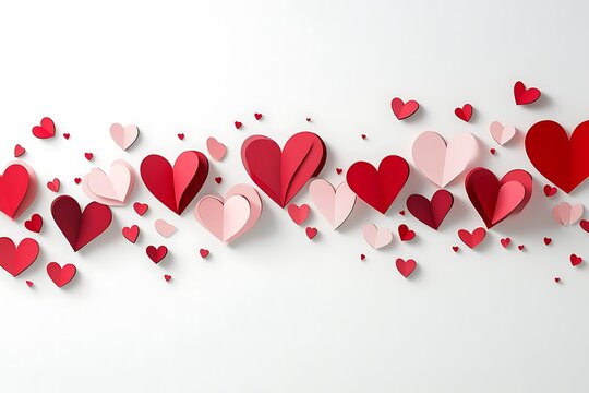 A white background with red and pink paper hearts scattered on the right side, creating an adorable Valentine's Day atmosphere. The left half of the screen is blank for text or other design elements.