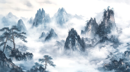 Fototapeta premium watercolor illustration of misty mountains landscape isolated on white or transparent background