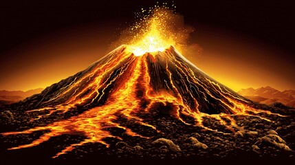 Erupting volcano, lava flows