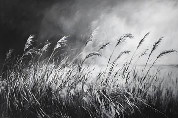 portraying passing soul of minutes and perceptions via exhibiting flow of wild grasses in wind  
