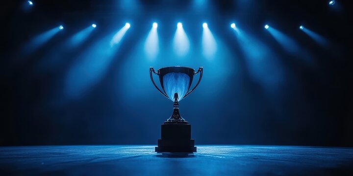 A shiny trophy cup illuminated by dramatic blue stage lights, the atmosphere suggests celebration or awarding. minimalistic design 