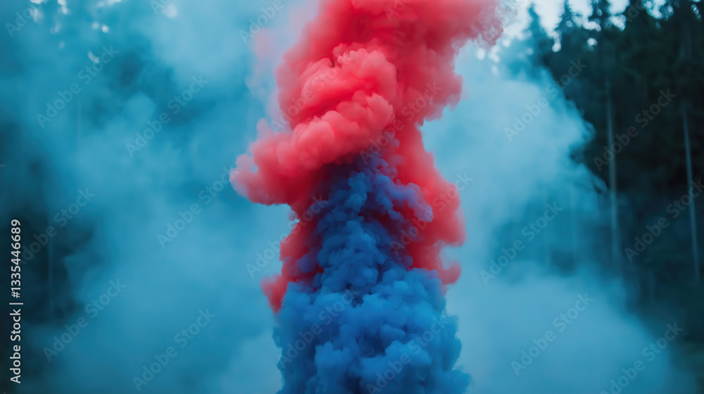 Poster thick red and blue smoke billowing in the air, creating an intense and dynamic visual effect