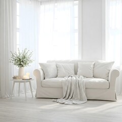 Stylish and cozy reading nook. Fur blanket on grey sofa near coffee table with candles against window. Hygge, scandinavian interior design of modern living room. 