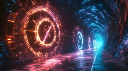 A surreal artistic representation of time travel with glowing portals