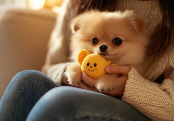 Obraz na płótnie Canvas A fluffy Pomeranian puppy cuddles a cute yellow plush toy in a cozy home setting.