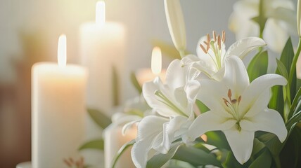 Obraz premium A soft, floral design ad featuring a church altar with candles and a white lily centerpiece, promoting Easter events and services