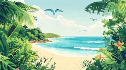 Serene Tropical Beach Paradise Idyllic Coastal Scene with Lush Greenery and Calm Ocean Waves