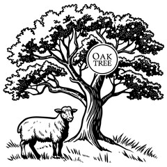 Vector hand-drawn a cow, sheep, and a goat under the tree