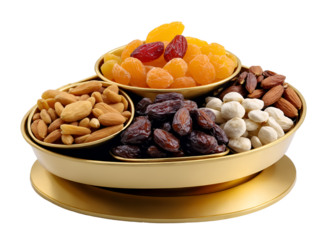 Elegant golden tray displaying a colorful assortment of dried fruits and nuts