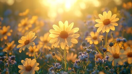 Golden sunset wildflowers meadow; vibrant flowers bathed in golden light