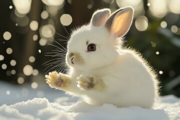 Fototapeta premium A Bunnys First Snow, Baby animals bunnies, chicks, lambs
