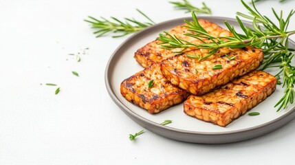 Grilled Tempeh Slices with Fresh Garnish on White Plate