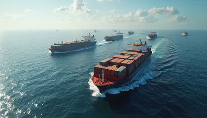 Fleet of autonomous cargo ships transports goods across oceans without human intervention. Tech innovation enables digital global business future, enhances engineering development. Sea vessel ships